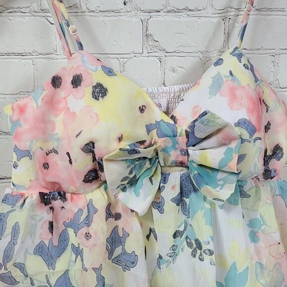 Candie’s Watercolor Bow Tiered Chiffon Babydoll Mini Dress Juniors L Sleeveless - Picture 3 of 12